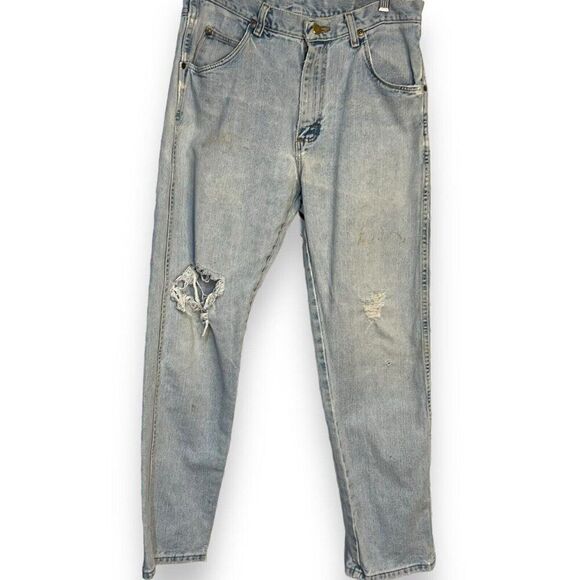 Wrangler Straight Leg Jeans Mens 32 X 30 Blue Denim Distressed Zip Casual FLAWED - Picture 2 of 11